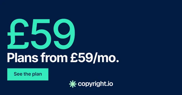 Social ad for copyright.io: "See the plan first." Swiss style, stat layout, dark palette in blue, teal.