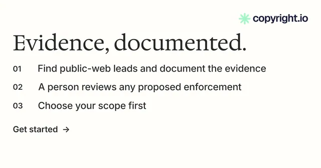 Social ad for copyright.io: "Evidence, documented." Minimal luxury style, numbered layout, light palette in white, grey.