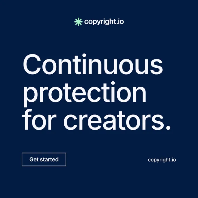 Instagram post for copyright.io: "Continuous protection for creators." Editorial style, poster layout, dark palette in blue.