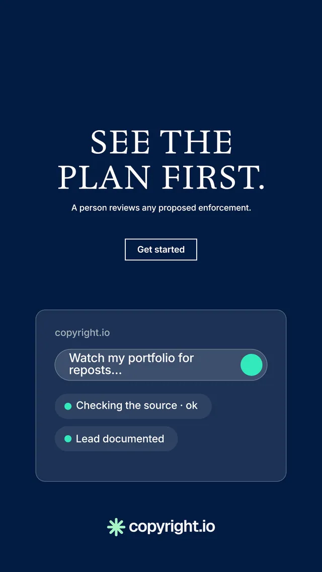 Instagram story for copyright.io: "See the plan first." Editorial style, centred layout, dark palette in blue.