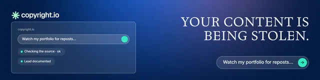 LinkedIn banner for copyright.io: "Your content is being stolen." Agentic glass style, right layout, dark palette in blue.