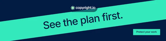 LinkedIn banner for copyright.io: "See the plan first." Split block style, diagonal layout, dark palette in teal, blue.