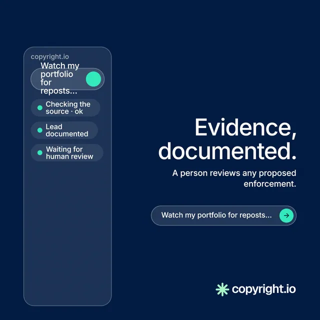 Instagram post for copyright.io: "Evidence, documented." Agentic glass style, right layout, dark palette in blue.