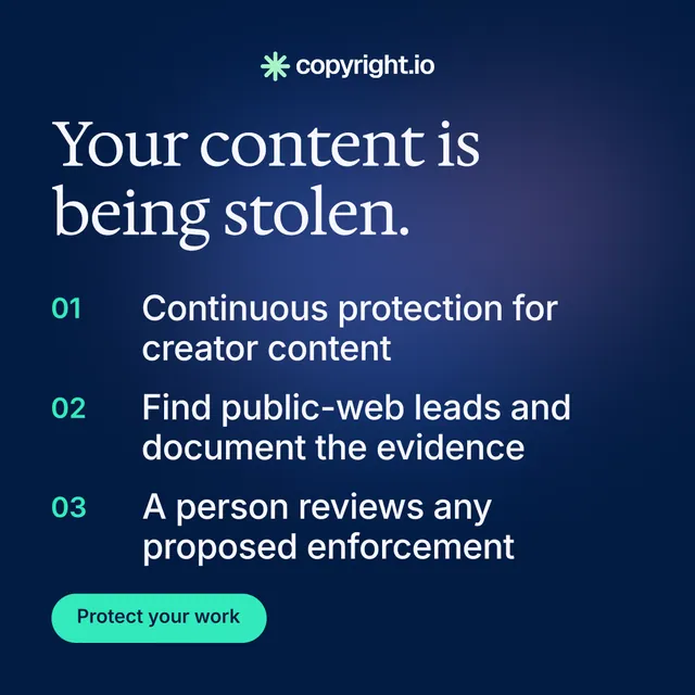 Instagram post for copyright.io: "Your content is being stolen." Y2K style, numbered layout, dark palette in blue.