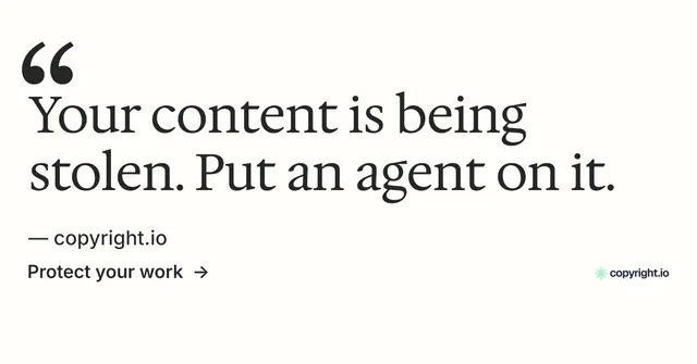Social ad for copyright.io: "Reposts don't remove themselves." Minimal luxury style, quote layout, light palette in white, grey.