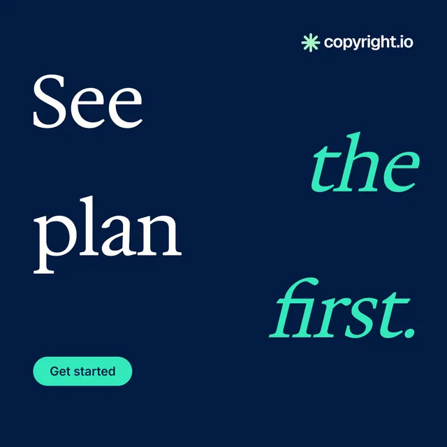 Instagram post for copyright.io: "See the plan first." Y2K style, stacked layout, dark palette in blue, teal.