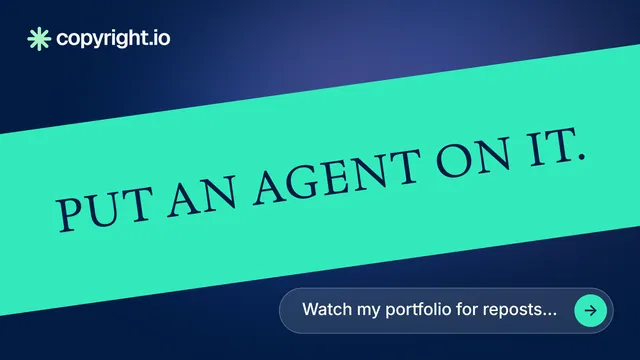 Landscape graphic for copyright.io: "Put an agent on it." Agentic glass style, diagonal layout, light palette in teal, blue.