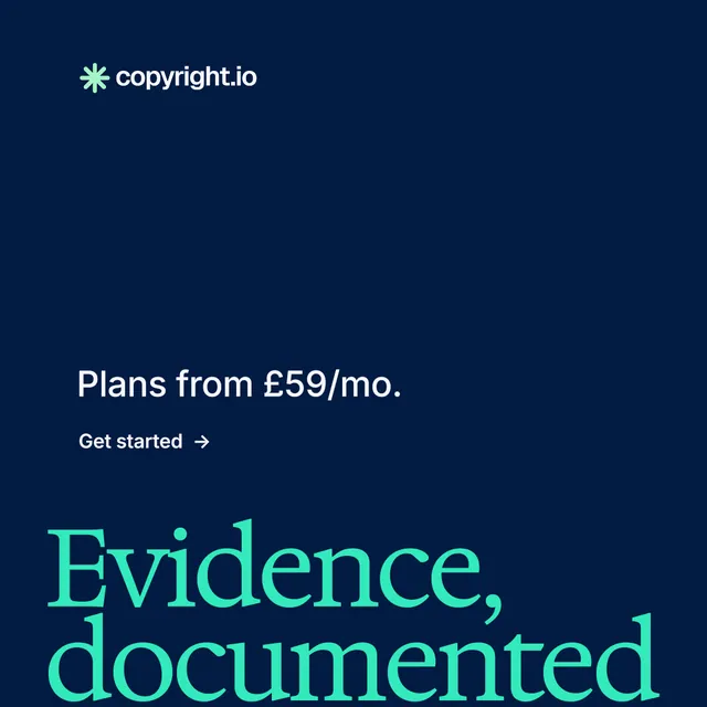 Instagram post for copyright.io: "See the plan first." Minimal luxury style, oversized layout, dark palette in blue, teal.