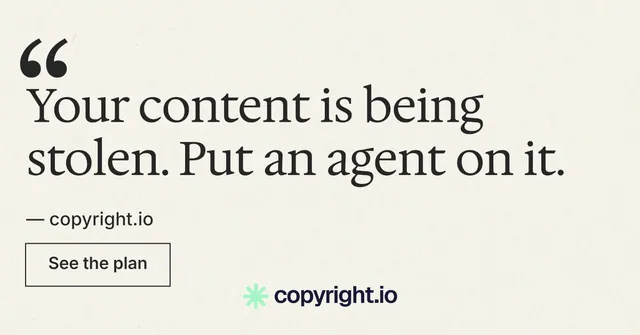 Social ad for copyright.io: "Find your reposted work." Editorial style, quote layout, light palette in white, grey.