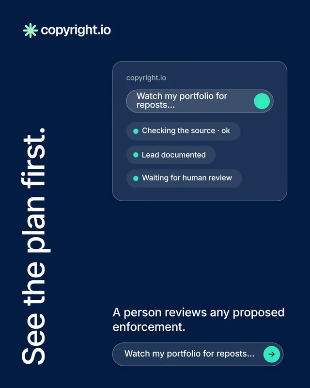 Instagram portrait post for copyright.io: "See the plan first." Agentic glass style, vertical layout, dark palette in blue.
