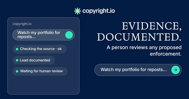 Social ad for copyright.io: "Evidence, documented." Agentic glass style, right layout, dark palette in blue.