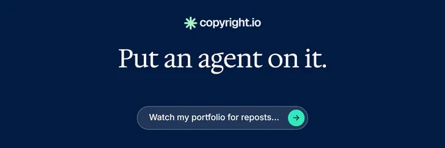 X header for copyright.io: "Put an agent on it." Agentic glass style, centred layout, dark palette in blue.