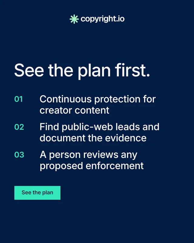Instagram portrait post for copyright.io: "See the plan first." Swiss style, numbered layout, dark palette in blue.