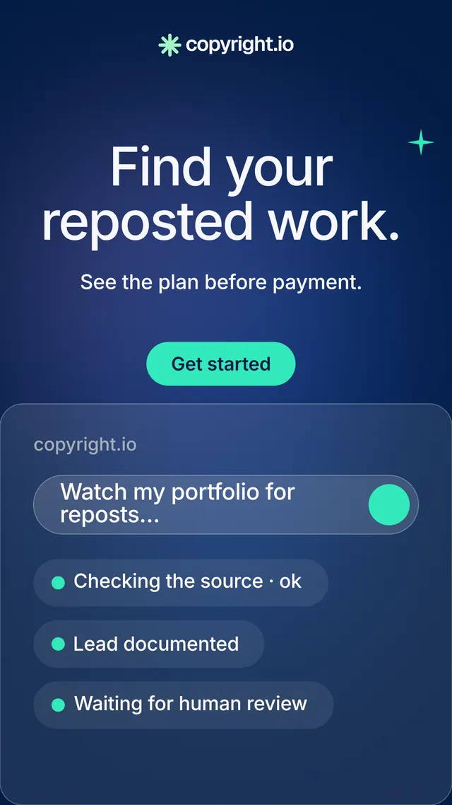 Instagram story for copyright.io: "Find your reposted work." Y2K style, skeleton layout, dark palette in blue.