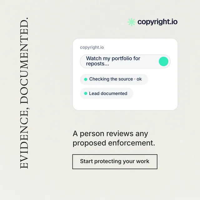 Instagram post for copyright.io: "Evidence, documented." Editorial style, vertical layout, light palette in white.