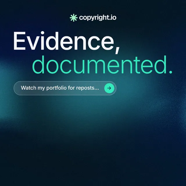 Instagram post for copyright.io: "Evidence, documented." Agentic glass style, stacked layout, dark palette in black, blue, teal.