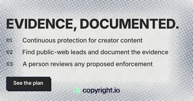 Social ad for copyright.io: "Evidence, documented." Brutalist style, numbered layout, light palette in grey, white.