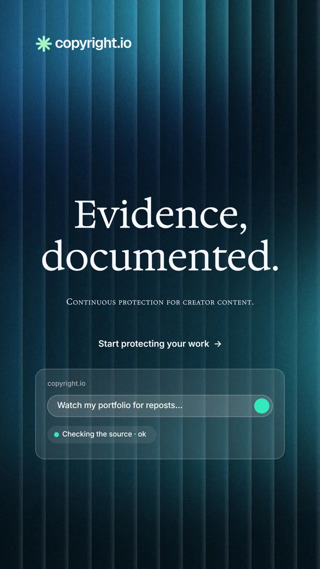 Instagram story for copyright.io: "Evidence, documented." Minimal luxury style, smallcaps layout, dark palette in blue, black.