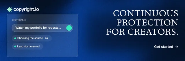 X header for copyright.io: "Continuous protection for creators." Minimal luxury style, right layout, dark palette in blue, black.