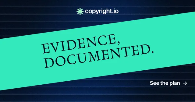 Social ad for copyright.io: "Evidence, documented." Minimal luxury style, diagonal layout, dark palette in teal, black, blue.