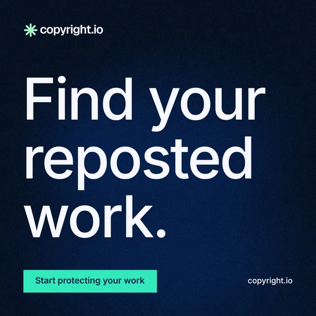 Instagram post for copyright.io: "Find your reposted work." Swiss style, poster layout, dark palette in blue, black.