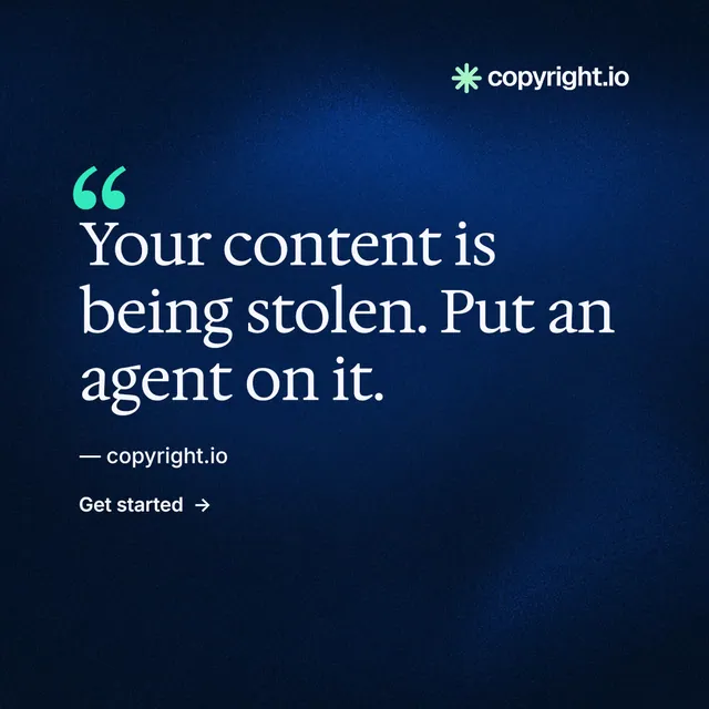 Instagram post for copyright.io: "Reposts don't remove themselves." Minimal luxury style, quote layout, dark palette in blue, black.