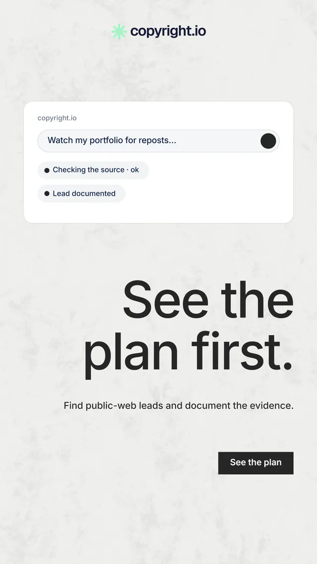 Instagram story for copyright.io: "See the plan first." Swiss style, right layout, light palette in white, grey.