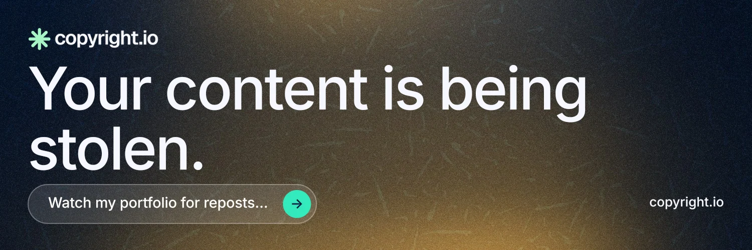 X header for copyright.io: "Your content is being stolen." Agentic glass style, poster layout, dark palette in grey, black, orange.