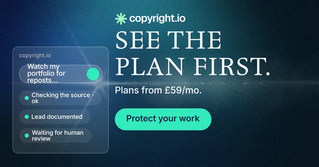 Social ad for copyright.io: "See the plan first." Agentic glass style, skeleton layout, dark palette in black, blue, teal.