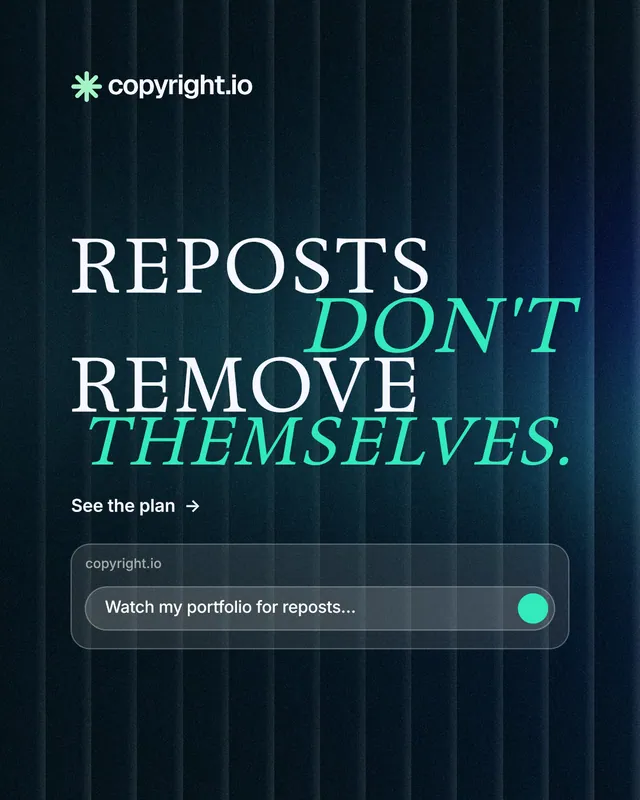 Instagram portrait post for copyright.io: "Reposts don't remove themselves." Minimal luxury style, stacked layout, dark palette in blue, black, teal.