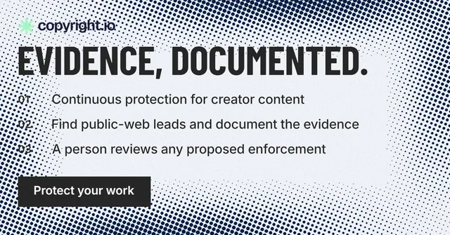 Social ad for copyright.io: "Evidence, documented." Retro print style, numbered layout, light palette in white, blue, grey.