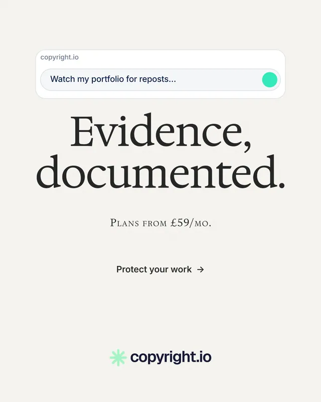 Instagram portrait post for copyright.io: "Evidence, documented." Editorial style, smallcaps layout, light palette in white, grey.