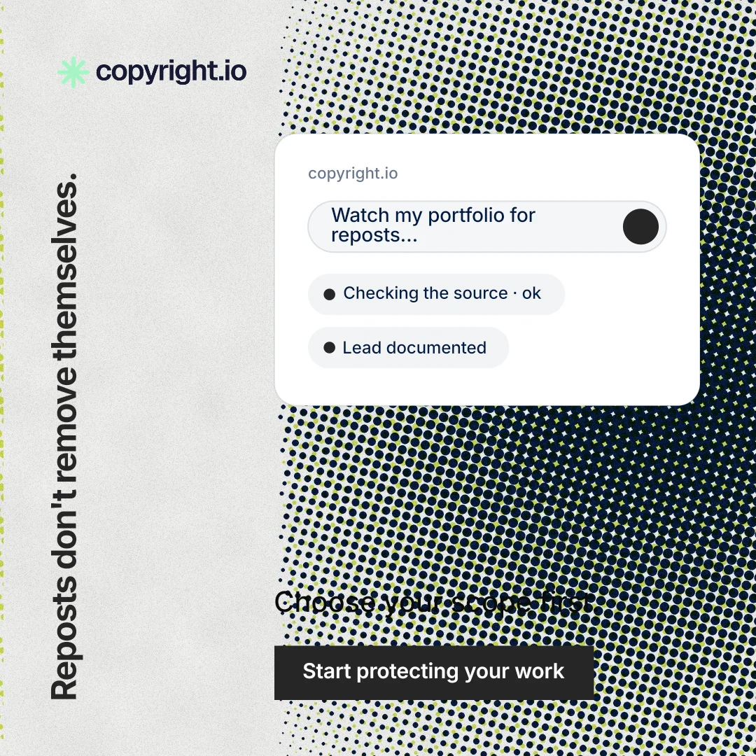 Instagram post for copyright.io: "Reposts don't remove themselves." Swiss style, vertical layout, light palette in white, grey.