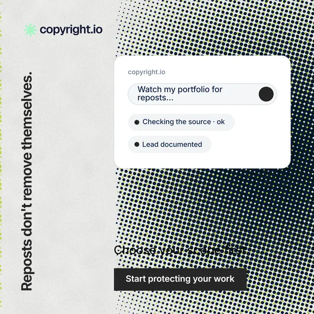 Instagram post for copyright.io: "Reposts don't remove themselves." Swiss style, vertical layout, light palette in white, grey.