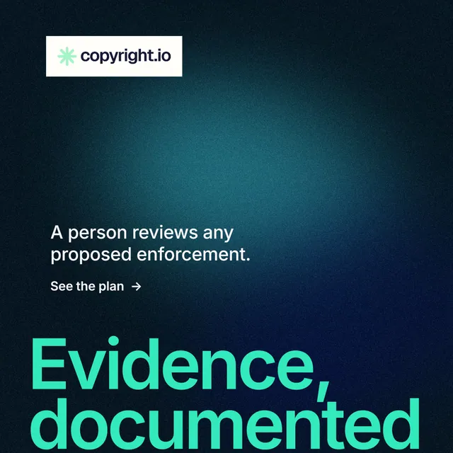Instagram post for copyright.io: "Evidence, documented." Minimal luxury style, oversized layout, dark palette in black, blue, teal.
