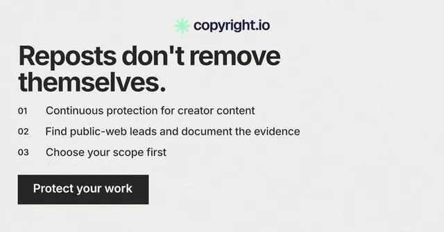 Social ad for copyright.io: "Reposts don't remove themselves." Swiss style, numbered layout, light palette in white, grey.