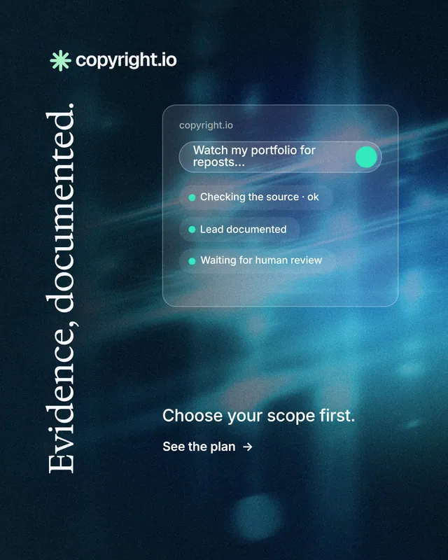 Instagram portrait post for copyright.io: "Evidence, documented." Minimal luxury style, vertical layout, dark palette in blue, black.