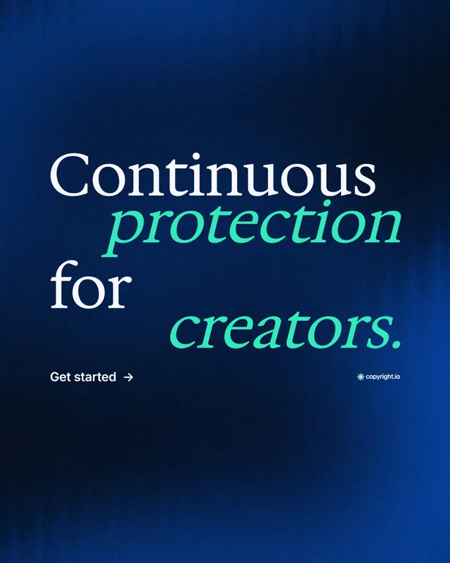 Instagram portrait post for copyright.io: "Continuous protection for creators." Minimal luxury style, stacked layout, dark palette in blue, black.