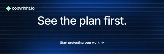 X header for copyright.io: "See the plan first." Minimal luxury style, centred layout, dark palette in blue, black.