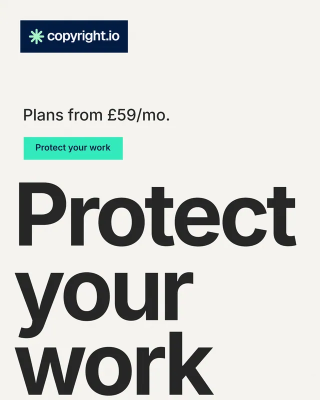 Instagram portrait post for copyright.io: "Protect your work." Swiss style, oversized layout, light palette in white, grey.