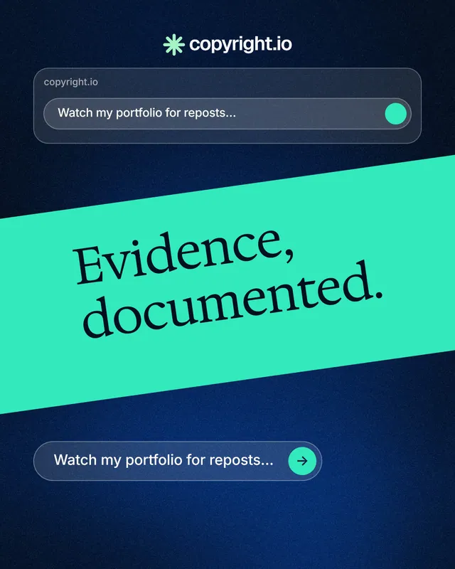 Instagram portrait post for copyright.io: "Evidence, documented." Agentic glass style, diagonal layout, dark palette in blue, black, teal.