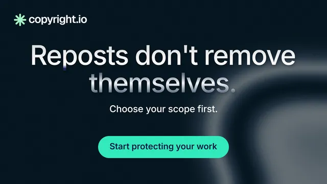 Landscape graphic for copyright.io: "Reposts don't remove themselves." Y2K style, centred layout, dark palette in black, teal, blue.