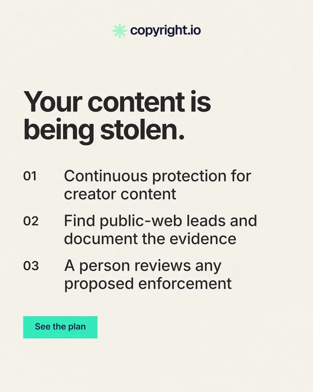 Instagram portrait post for copyright.io: "Your content is being stolen." Swiss style, numbered layout, light palette in white, grey.