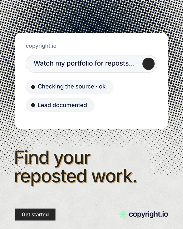 Instagram portrait post for copyright.io: "Find your reposted work." Retro print style, bottom layout, light palette in white, grey.