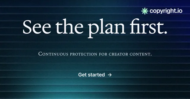 Social ad for copyright.io: "See the plan first." Agentic glass style, smallcaps layout, dark palette in blue, black, teal.