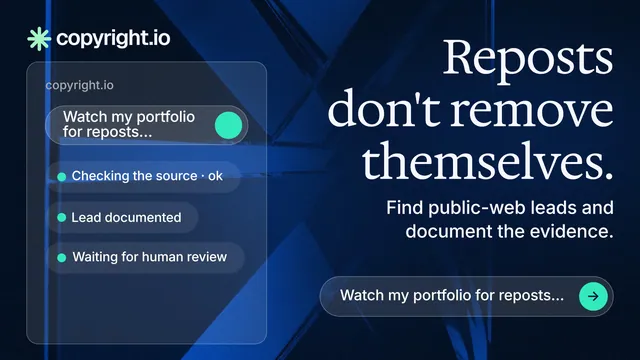 Landscape graphic for copyright.io: "Reposts don't remove themselves." Agentic glass style, right layout, dark palette in black, blue, grey.
