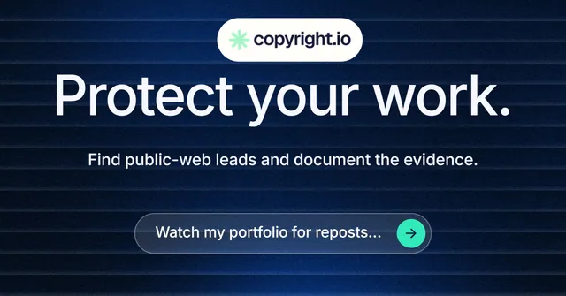 Social ad for copyright.io: "Protect your work." Agentic glass style, centred layout, dark palette in blue, black.