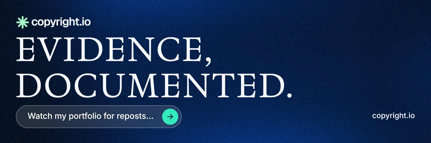 X header for copyright.io: "Evidence, documented." Agentic glass style, poster layout, dark palette in blue, black.