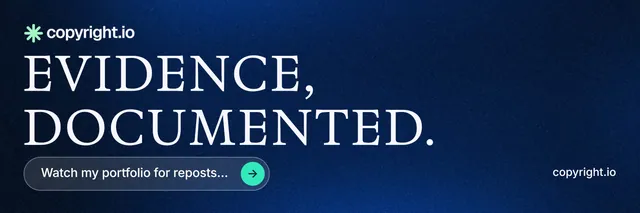 X header for copyright.io: "Evidence, documented." Agentic glass style, poster layout, dark palette in blue, black.