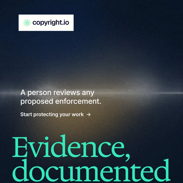Instagram post for copyright.io: "Reposts don't remove themselves." Minimal luxury style, oversized layout, dark palette in black, blue, grey.
